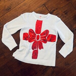 Holiday Time Sweater Christmas red shiny sequin bow white soft knit Top - Medium